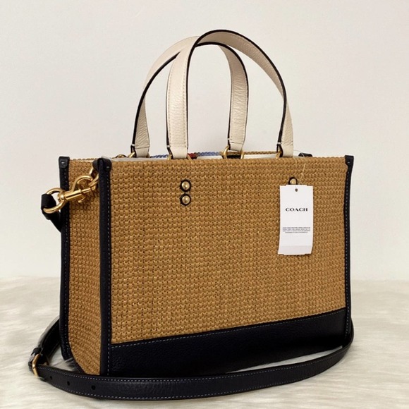 Coach Multicolor Woven Straw Satchel with Leather Trim - Picture 4 of 10